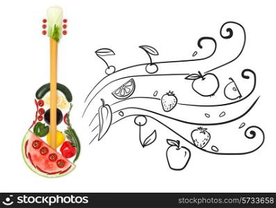 Creative photo of a standing guitar made of vegetables and fruits on grey sketchy background of flowing fruity notes.