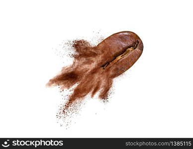 Creative picture from flying coffee bean with powder explosion on a white background, copy space.. Flying coffee bean with powder splash on a white background.