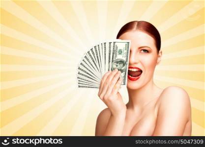 Creative portrait of a nude girl with beautiful face and body holding hand fan made of 100-dollar currency banknotes on colorful abstract cartoon style background.