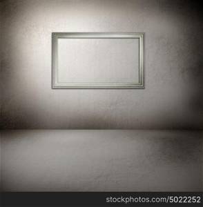 Creative retro background. Inside an empty grunge room with blank frame on the wall