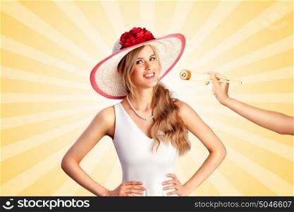 Creative retro photo of a young sexy girl wearing a cartwheel hat, eating sushi from chopsticks on colorful abstract cartoon style background.
