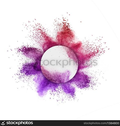 Creative round frame with colorful powder or dust splash around it on a white background, copy space.. Colorful powder splash in round frame on a white background.