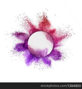 Creative round frame with colorful powder or dust splash around it on a white background, copy space.. Colorful powder splash in round frame on a white background.