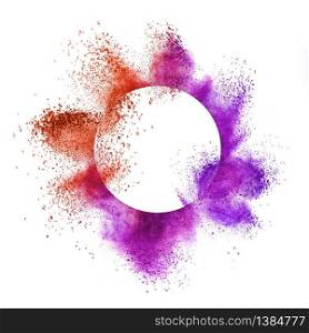 Creative round frame with powder splash around it in red and purple colors on a white background, copy space.. Round frame with colorful splash on a white background.