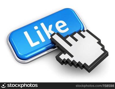 Creative social media network, internet and web communication concept: hand link selection computer mouse cursor pressing blue metal glossy button with Like text isolated on white background