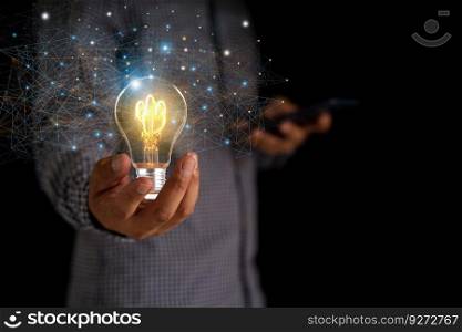 Creative solution or idea for web banner design or landing page template for creative agency with hands coming out of the screen with light bulbs and colorful abstract geometric shapes and lead lines.