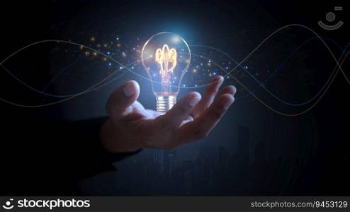 Creative solution or idea for web banner design or landing page template for creative agency with hands coming out of the screen with light bulbs and colorful abstract geometric shapes and lead lines.
