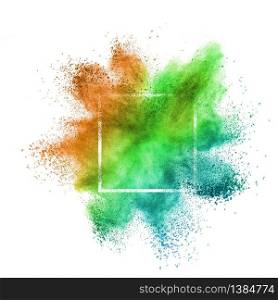 Creative square frame with abstract splash from colorful powder or dust on a white background, copy space.. Multicolored powder explosion in frame on a white background.