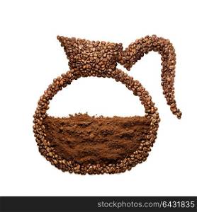 Creative still life of a coffee pot made of roasted coffee beans, isolated on white