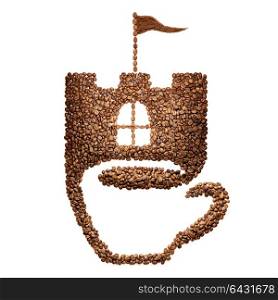 Creative still life of a cup with castle image made of coffee beans, isolated on white