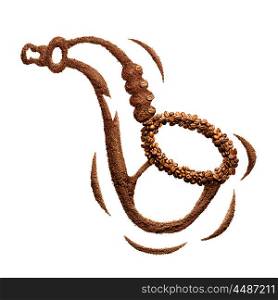 Creative still life of a musical instrument saxophone made of coffee beans, isolated on white.