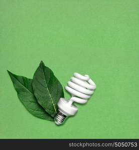 Creative still life of energy saving bulb with leaves as a symbol of environmental protection.