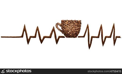 Creative still life photo of a coffee cup and pulse line mad of coffee beans on white.