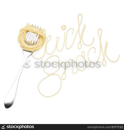 Creative still life photo of a fork with a sign made of pasta isolated on white background.