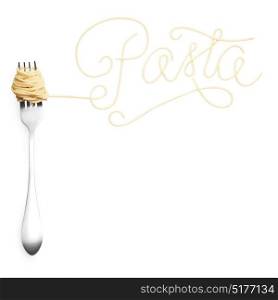 Creative still life photo of a fork with a sign made of pasta isolated on white background.