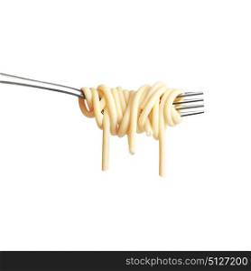 Creative still life photo of a fork with raw pasta isolated on white background.