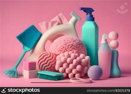 Creative still life with supplies for cleaning or housekeeping on podiums over pink background. Neural network AI generated art. Creative still life with supplies for cleaning or housekeeping on podiums over pink background. Neural network AI generated