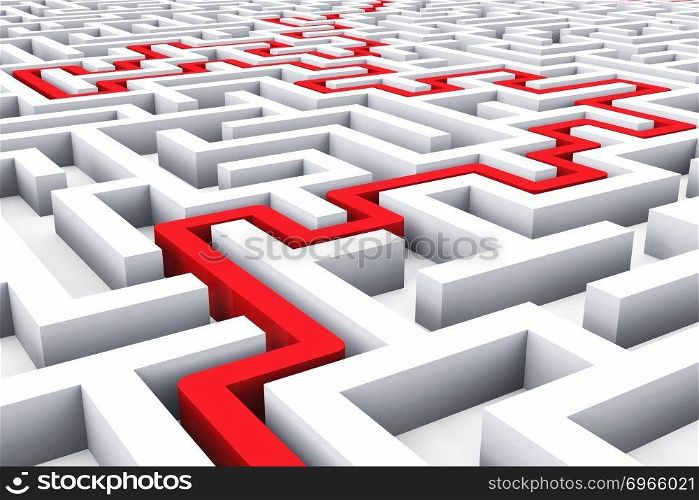 Creative success, marketing, strategy and motivation concept: red path across endless white labyrinth