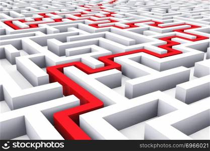 Creative success, marketing, strategy and motivation concept: red path across endless white labyrinth