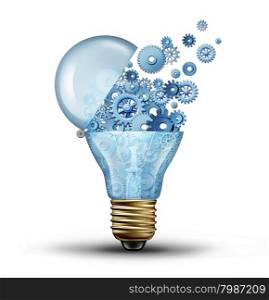 Creative technology and communication concept as an open door light bulb tranfering gears and cogs as a business metaphor for downloading or uploading innovation solutions.