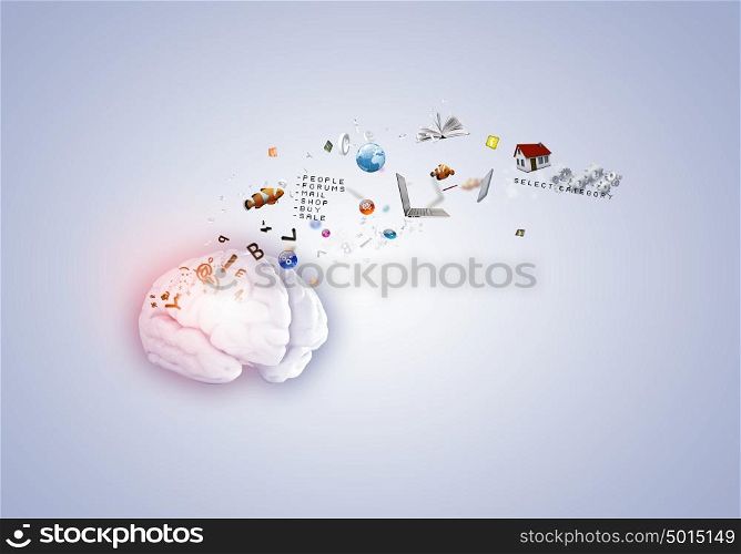 Creative thinking. Conceptual image of human brain and media icons