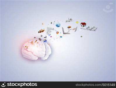 Creative thinking. Conceptual image of human brain and media icons