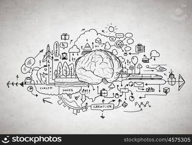 Creative thinking. Sketch of human brain and business ideas and strategy on white background