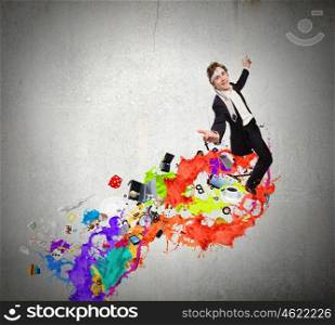 Creative thinking. Young cheerful businessman with tie around head