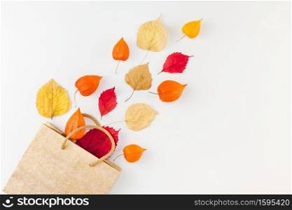 Creative Top view flat lay autumn composition Shopping bag dried orange flowers leaves background copy space Template sale mockup fall harvest thanksgiving halloween promotion flyers