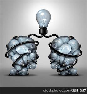 Creative unity partnership light bulb as two groups of lightbulb objects shaped as a human head joining together for a team project as a concept of inspiration.
