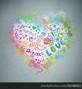 Creative valentine grunge background. Graffiti heart splatter on a wall