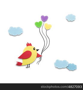 Creative valentines concept photo of a bird with heart balloons mad of paper on white background.