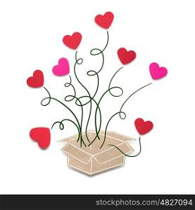 Creative valentines concept photo of a box full of hearts on white background.