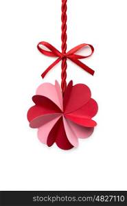 Creative valentines concept photo of a flower made of paper hearts with a rope and a bow on white background.