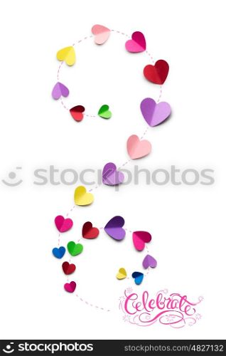 Creative valentines concept photo of a spiral made of paper hearts on white background.