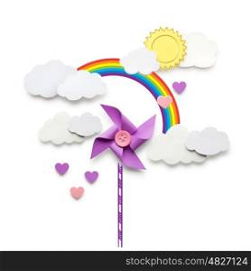 Creative valentines concept photo of a wind mill toy clouds and hearts made of paper on white background.