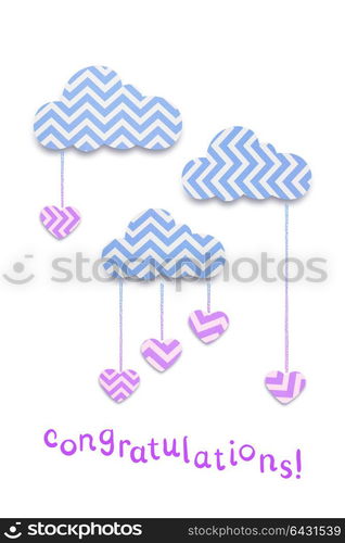 Creative valentines concept photo of clouds with hearts made of paper on white background.