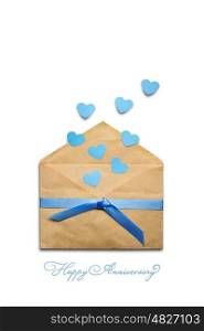 Creative valentines concept photo of envelope with hearts made of paper on white background.