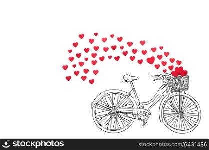 Creative valentines concept photo of hearts and illustrated bicycle on white background.