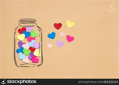 Creative valentines concept photo of hearts in illustrated bottle on brown background.