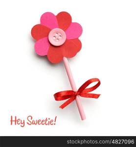 Creative valentines concept photo of paper hearts with button as a lollypop candy on white background.