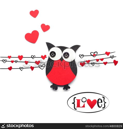 Creative valentines concept photo of paper owl with hearts on white background.