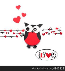 Creative valentines concept photo of paper owl with hearts on white background.