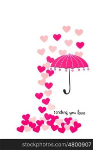 Creative valentines concept photo of paper umbrella with hearts raining down on white background.