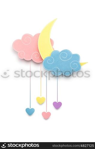 Creative valentines concept photo of the moon and clouds with hearts made of paper on white background.