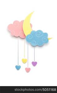 Creative valentines concept photo of the moon and clouds with hearts made of paper on white background.