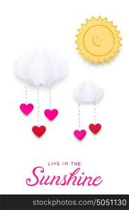 Creative valentines concept photo of the sun and clouds with hearts made of paper on white background.