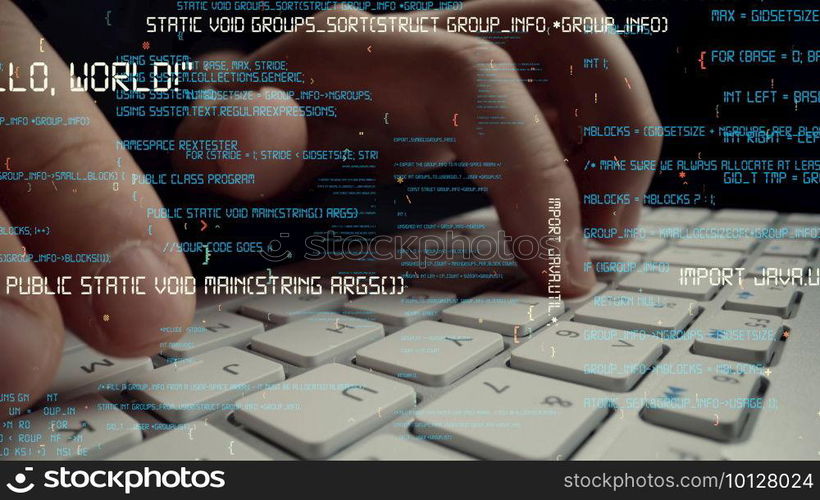 Creative visual of computer programming coding and software development shown by man working on computer keyboard with overlay of computer graphic displaying abstract program codes and computer script. Creative visual of computer programming coding and software development
