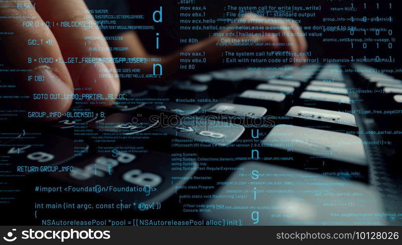 Creative visual of computer programming coding and software development shown by man working on computer keyboard with overlay of computer graphic displaying abstract program codes and computer script. Creative visual of computer programming coding and software development