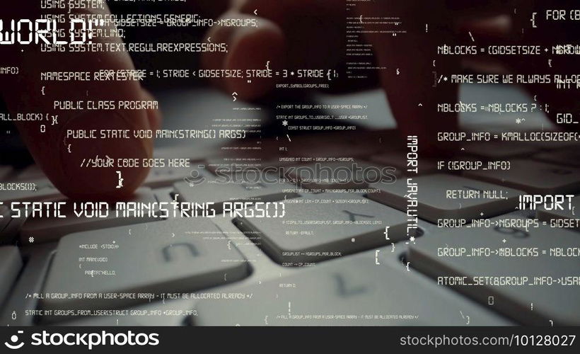 Creative visual of computer programming coding and software development shown by man working on computer keyboard with overlay of computer graphic displaying abstract program codes and computer script. Creative visual of computer programming coding and software development